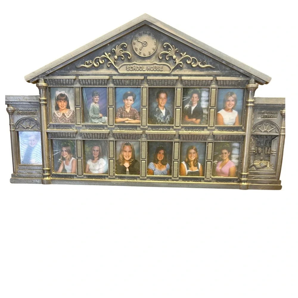 School House Vintage Picture Frame Silver Pewter Tone School Years Good